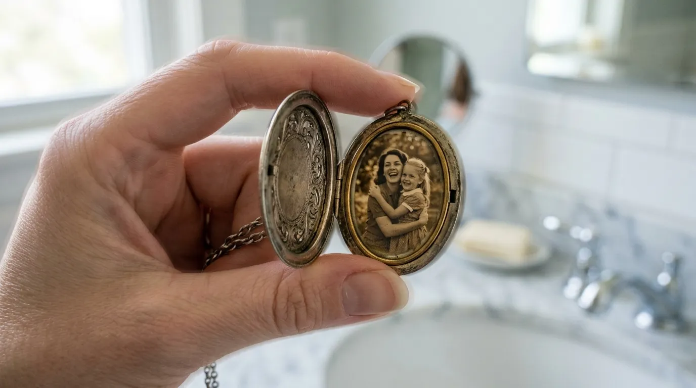 Close up of a trembling hand holding an antique silver locket with a photo inside