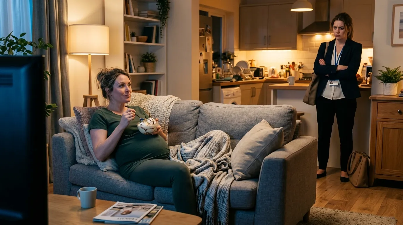 Pregnant sister lounging on the sofa watching TV while younger sister stands in the background looking frustrated