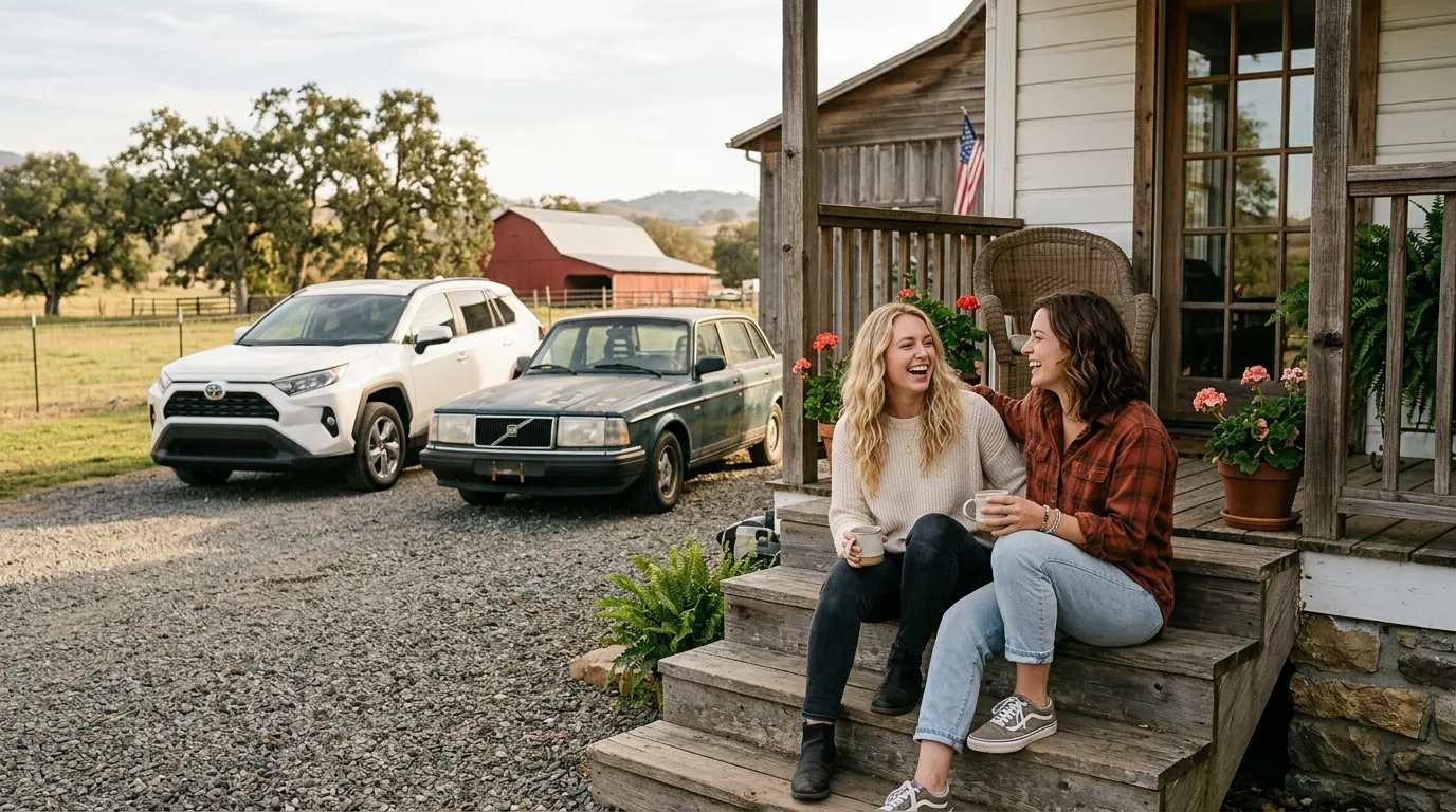 Two young women laughing together on a restored wooden farmhouse porch with two cars parked in the background