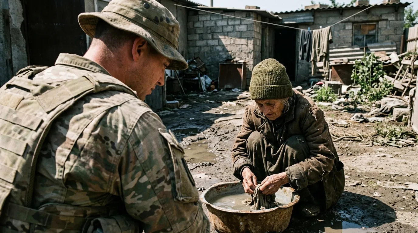 A soldier looking from behind at his frail wife kneeling in the dirt of a muddy backyard