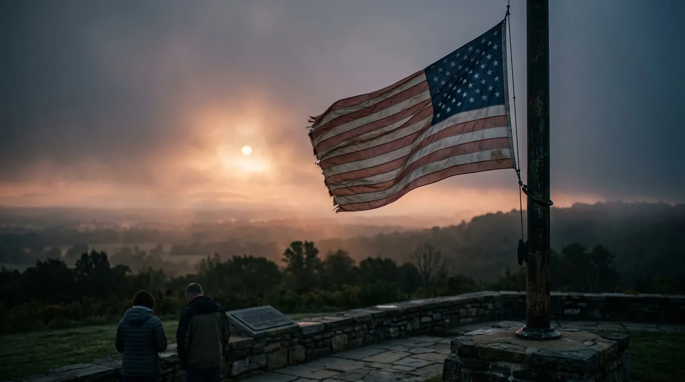 A weathered American flag waving against a somber sunrise