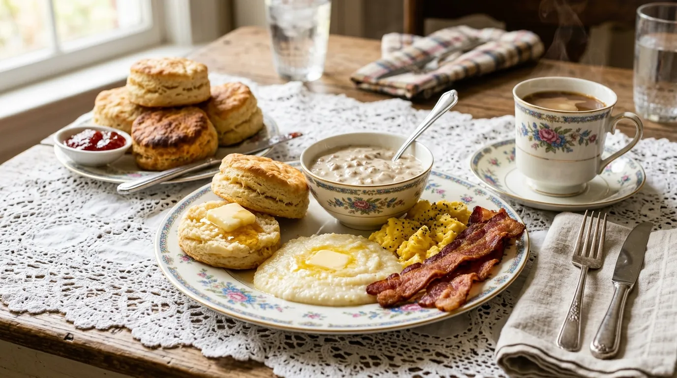 A lavish Southern breakfast spread with biscuits, gravy, and bacon on fine china.