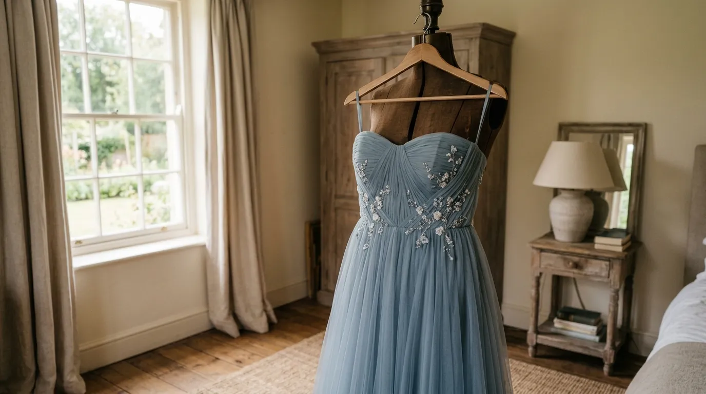 A delicate dusty steel blue prom dress hanging in a bedroom