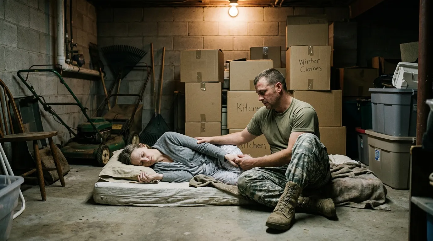 A soldier sitting on a cold concrete floor in a dark storage room, holding the hand of his sick wife