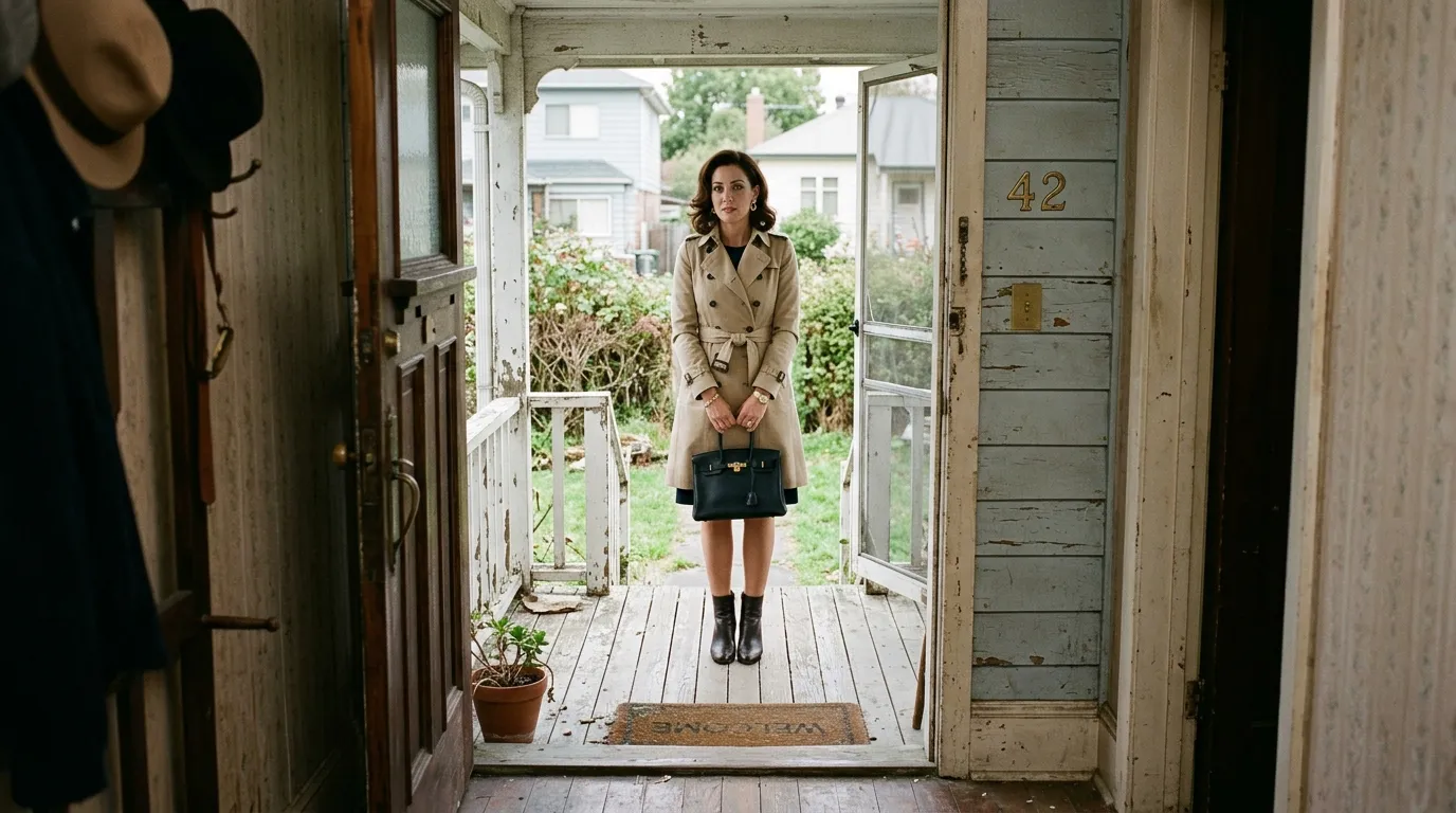 A beautifully dressed woman standing awkwardly in a modest family home.