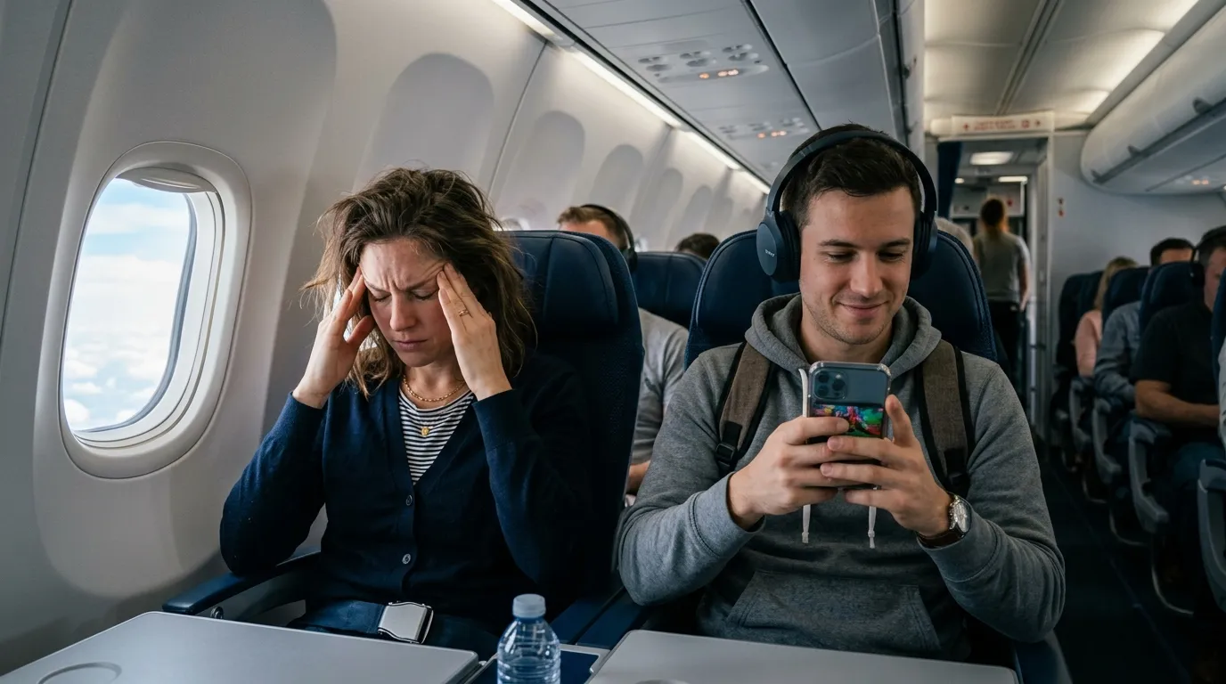 Frustrated passenger sitting next to a man watching videos on his phone without headphones