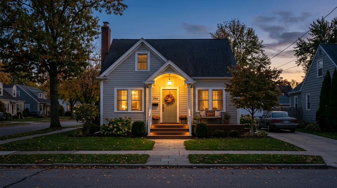 A modest suburban home at dusk with a welcoming porch light on