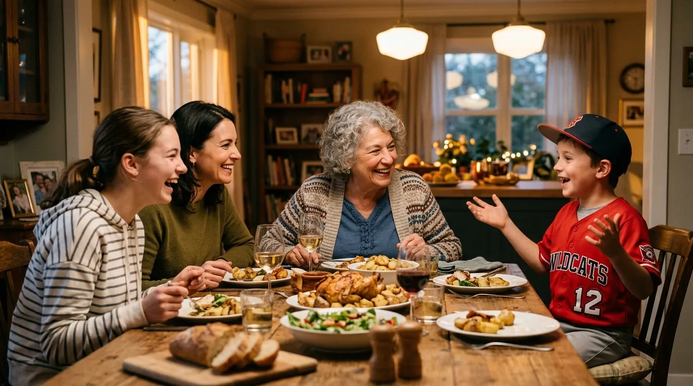 A grandmother sitting in the center of a lively dinner table, engaged in conversation with her grandson.