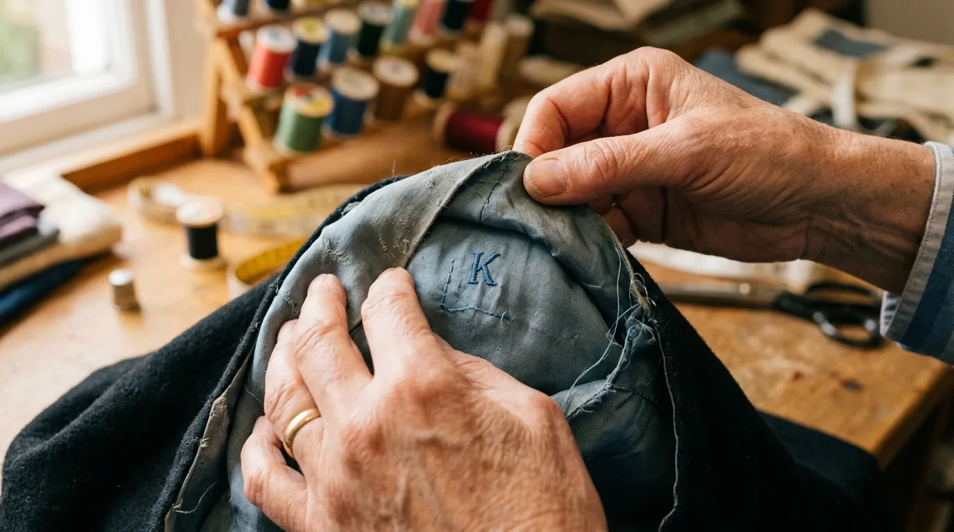 A tailor revealing a hidden blue letter K inside a dress lining