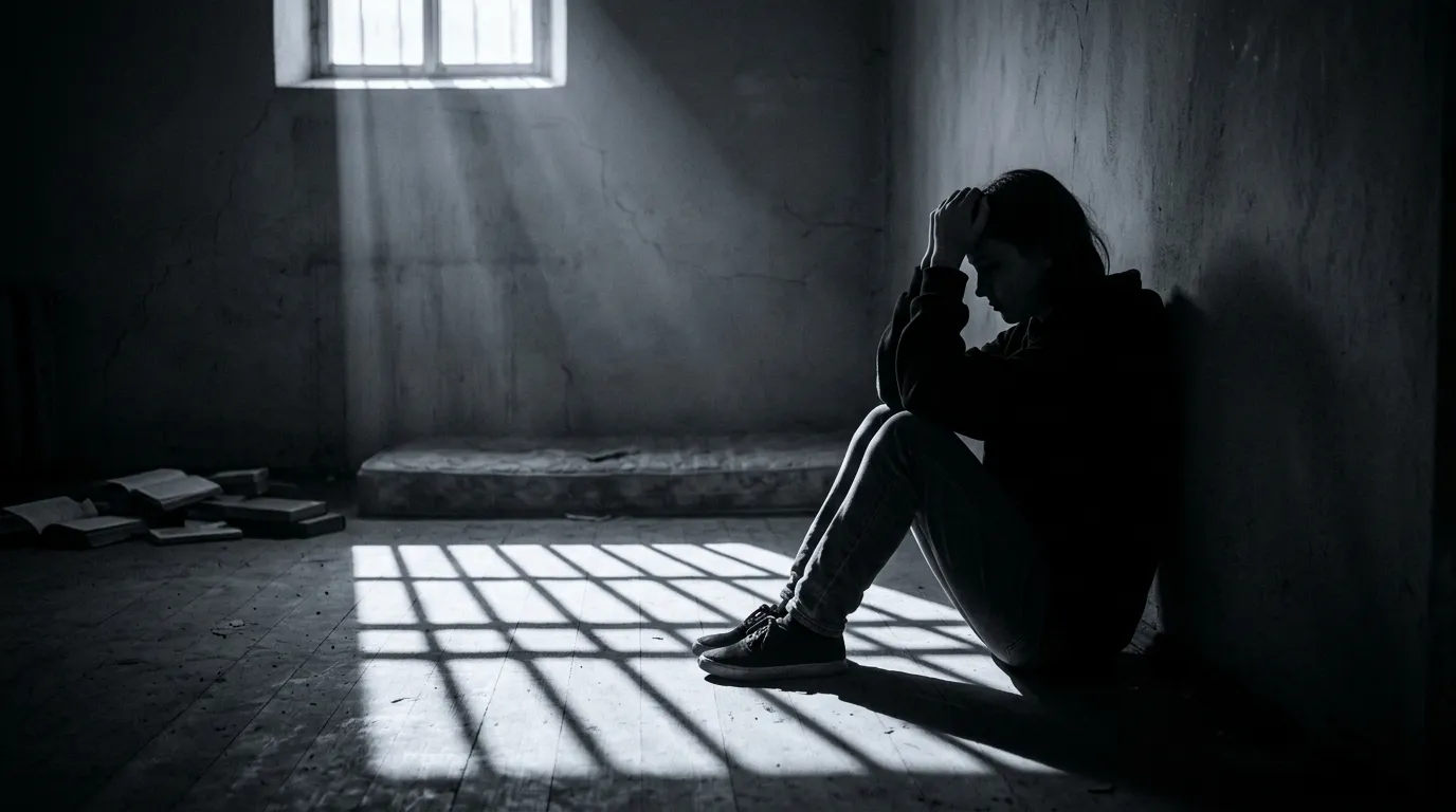 Silhouette of a teenager in a shadowed room with light casting prison bars