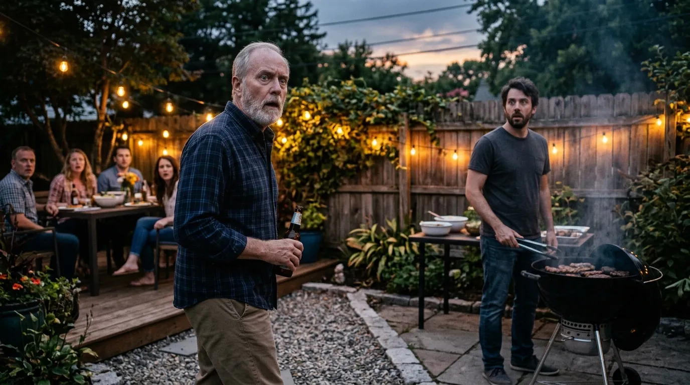 Two men staring at each other in shock at a backyard barbecue.