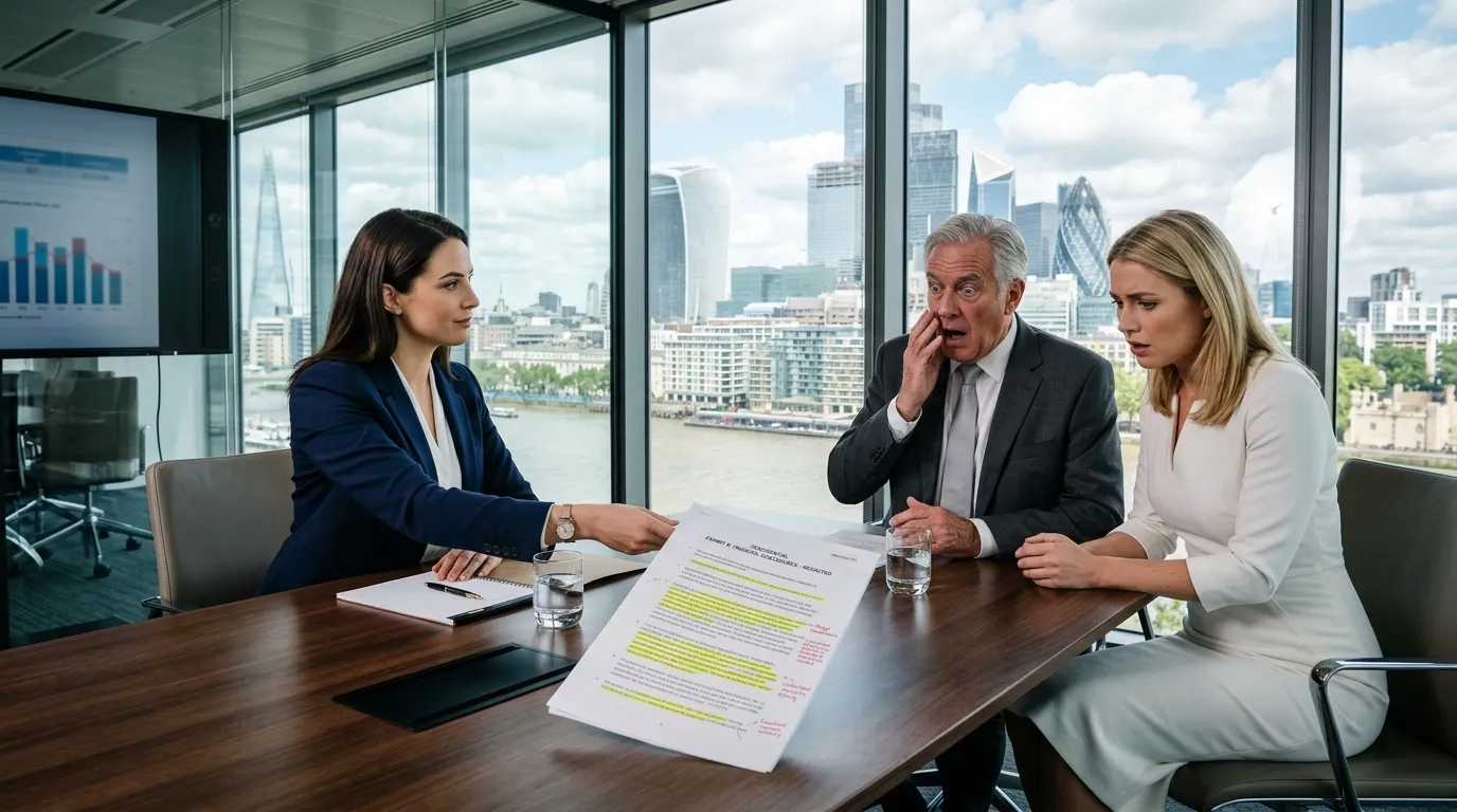 A tense standoff in a glass boardroom between a young female lawyer and older executives