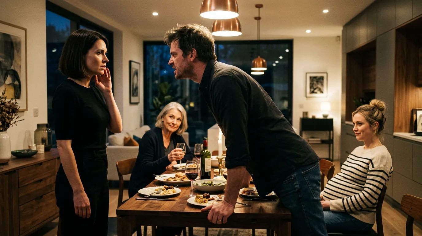 A tense dining room scene where a man stands aggressively after slapping a woman, while two other women smirk in the background.