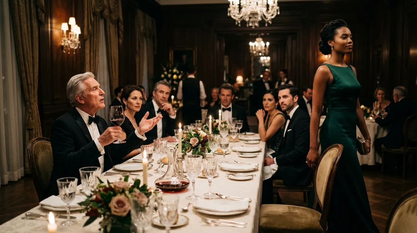 Wealthy man insulting a young woman standing up at a fancy dinner table