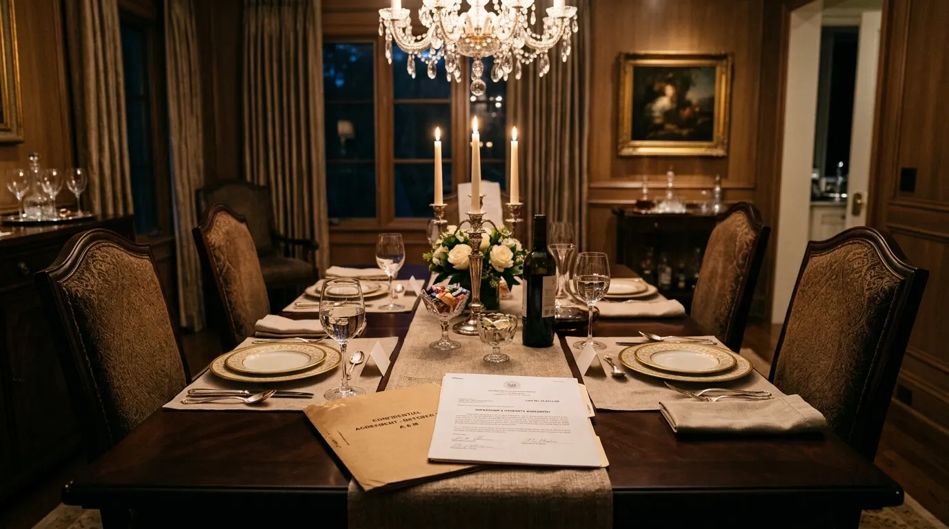 A dining table set for five with a legal document placed in the center