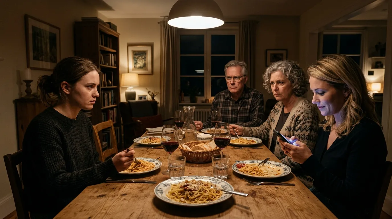 Family sitting around a dinner table with a tense and dramatic atmosphere