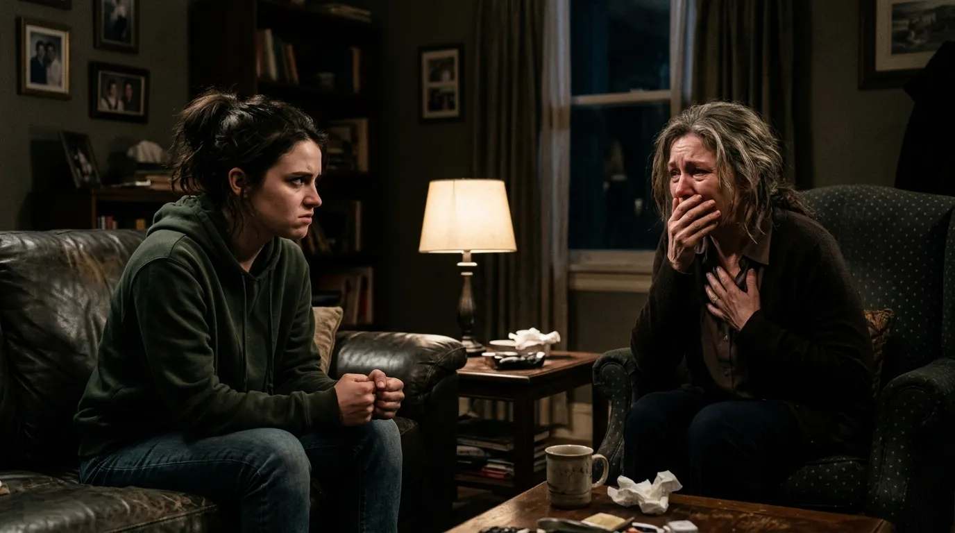 A mother and daughter sitting in a living room having a tense and emotional conversation.