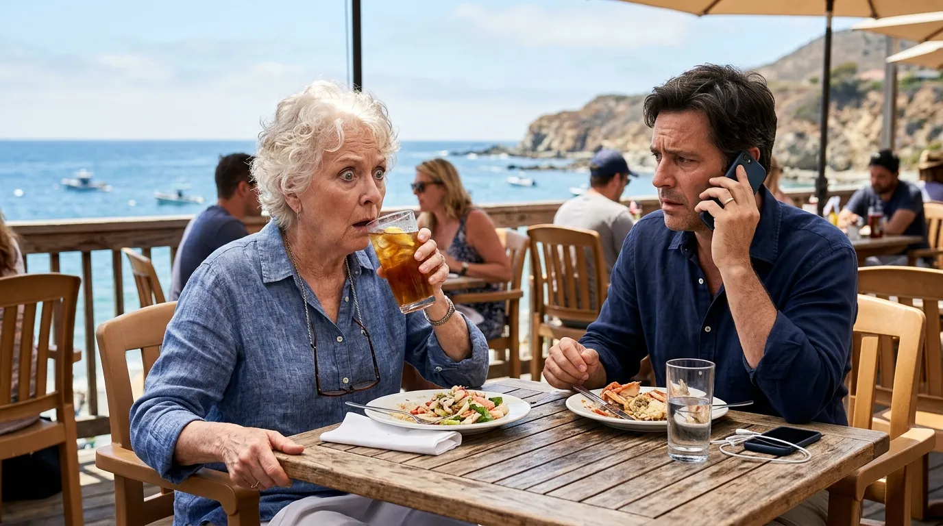 A tense moment at a coastal restaurant with a terrified elderly woman