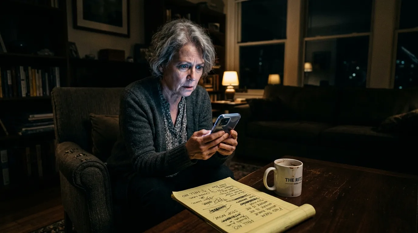 A woman in a dimly lit room looking terrified at her glowing smartphone. A yellow notepad is on the table.