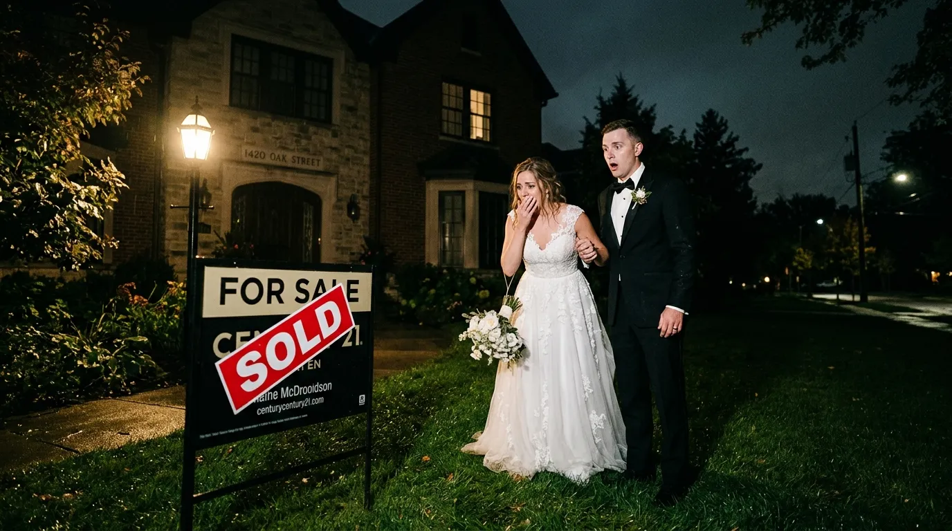 Shocked bride and groom staring at a glowing SOLD sign on a dark lawn.