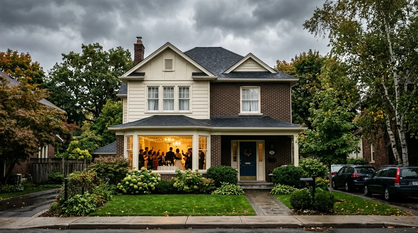 A beautiful house under a gray sky, with silhouettes of a wedding party visible inside the windows.