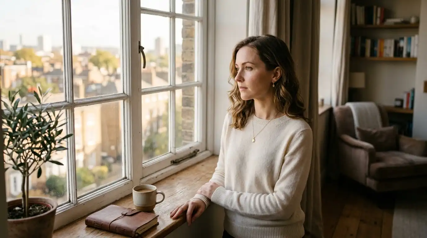 A thoughtful woman looking out a sunlit window in deep contemplation