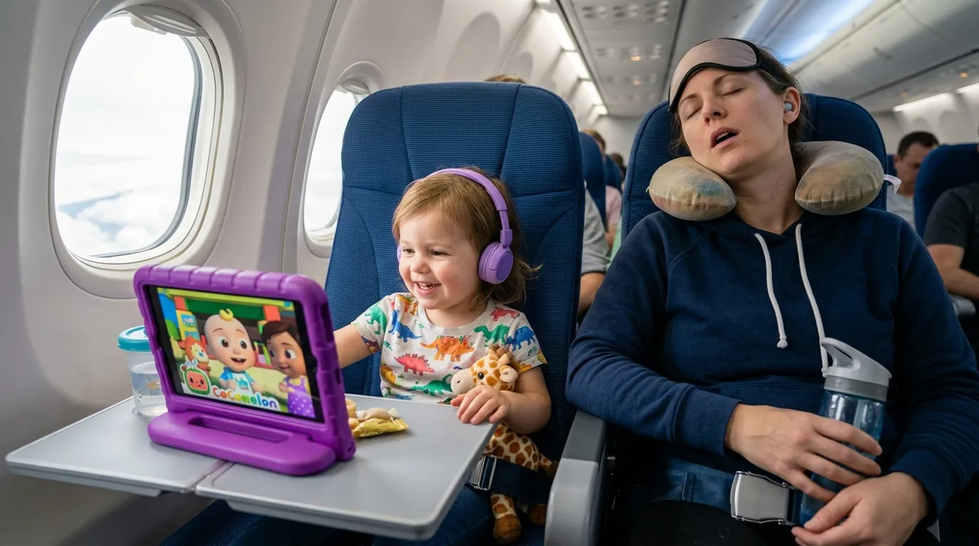Toddler happily watching a bright video on a tablet on an airplane tray table