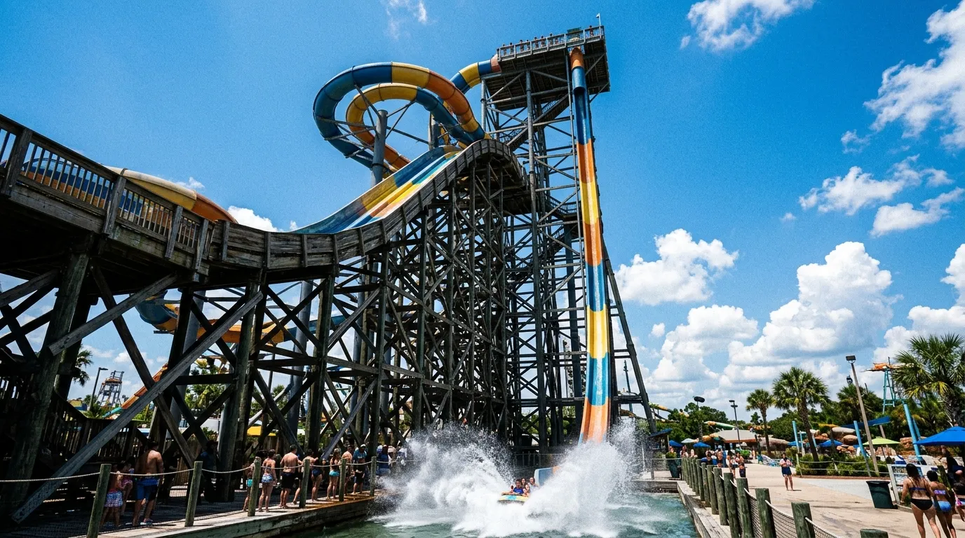 A massive, intimidating waterslide towering into a bright blue summer sky, showing immense height.