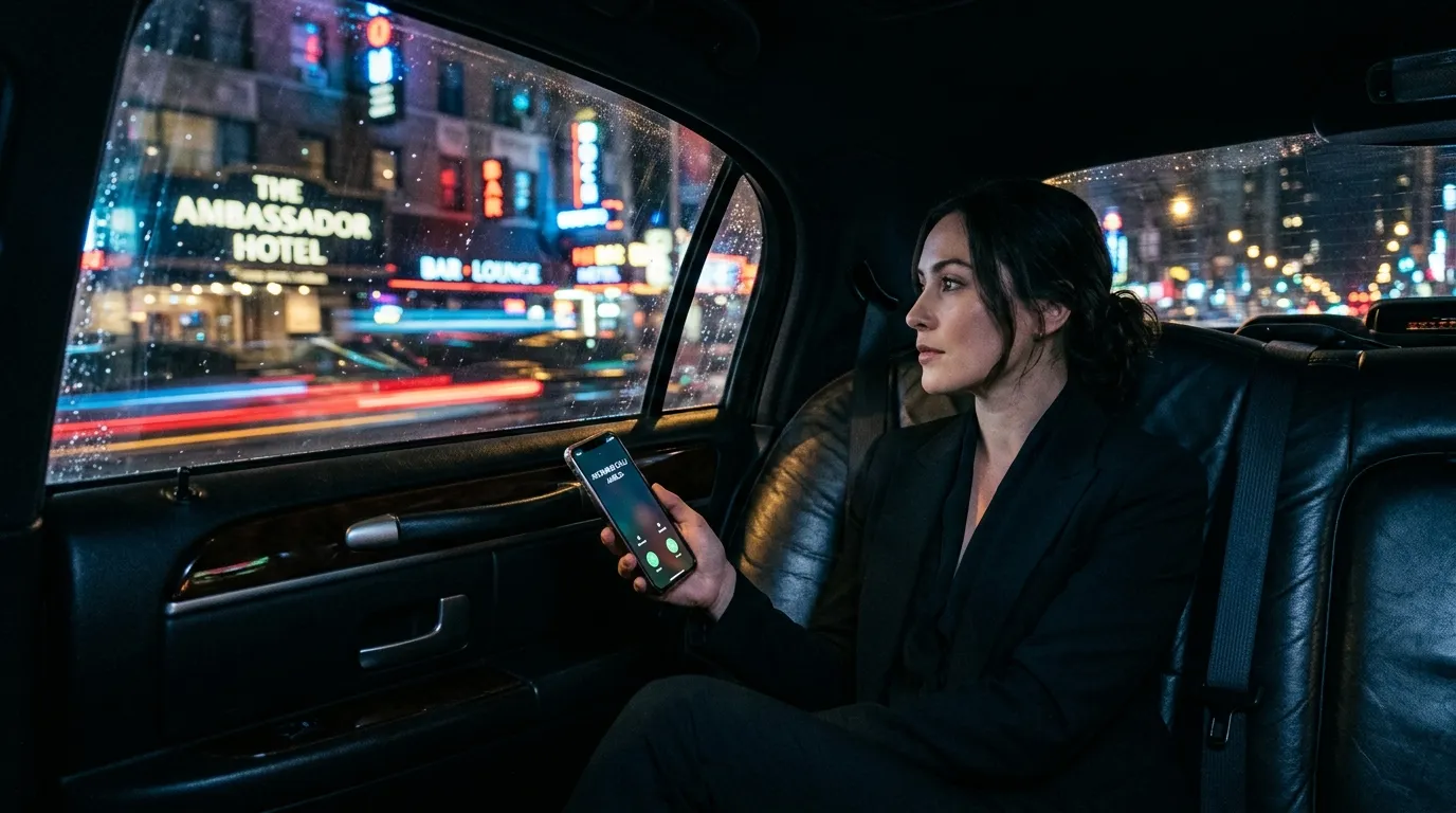 Looking out the window of a dark town car at glowing city lights at night