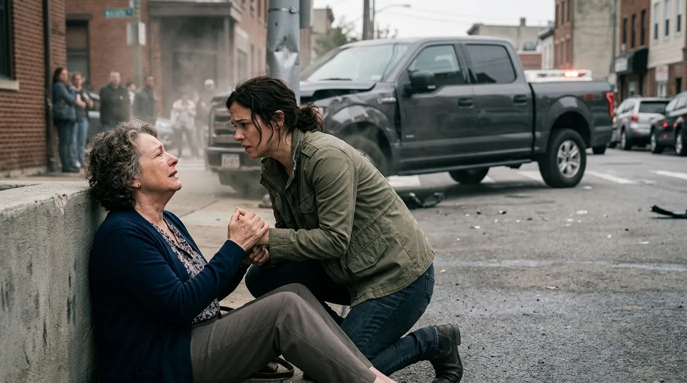 An older woman protecting a younger woman from an out of control truck on a city street