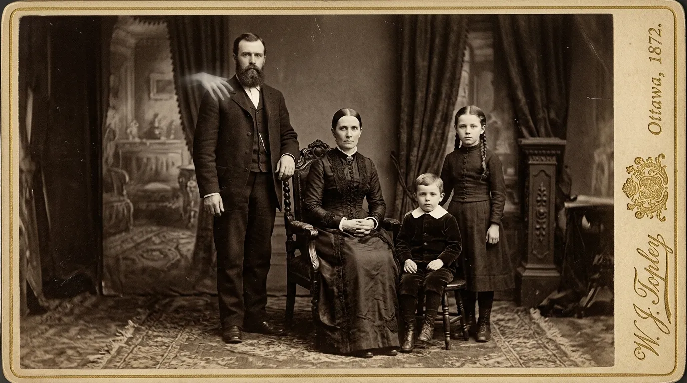 A sepia Victorian family portrait with a mysterious extra pale hand resting on the father's shoulder.