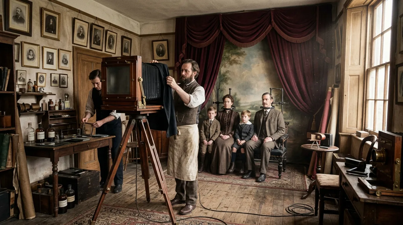 A 19th-century photography studio with a wooden camera, velvet curtains, and iron posing stands.