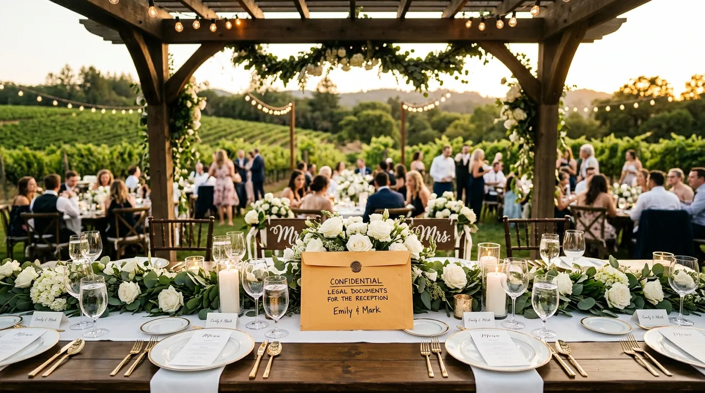 A luxurious vineyard wedding reception table with a manila envelope resting on it