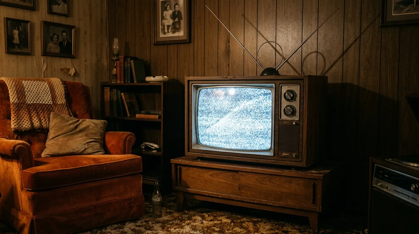 A glowing vintage 1970s television set in a dimly lit living room