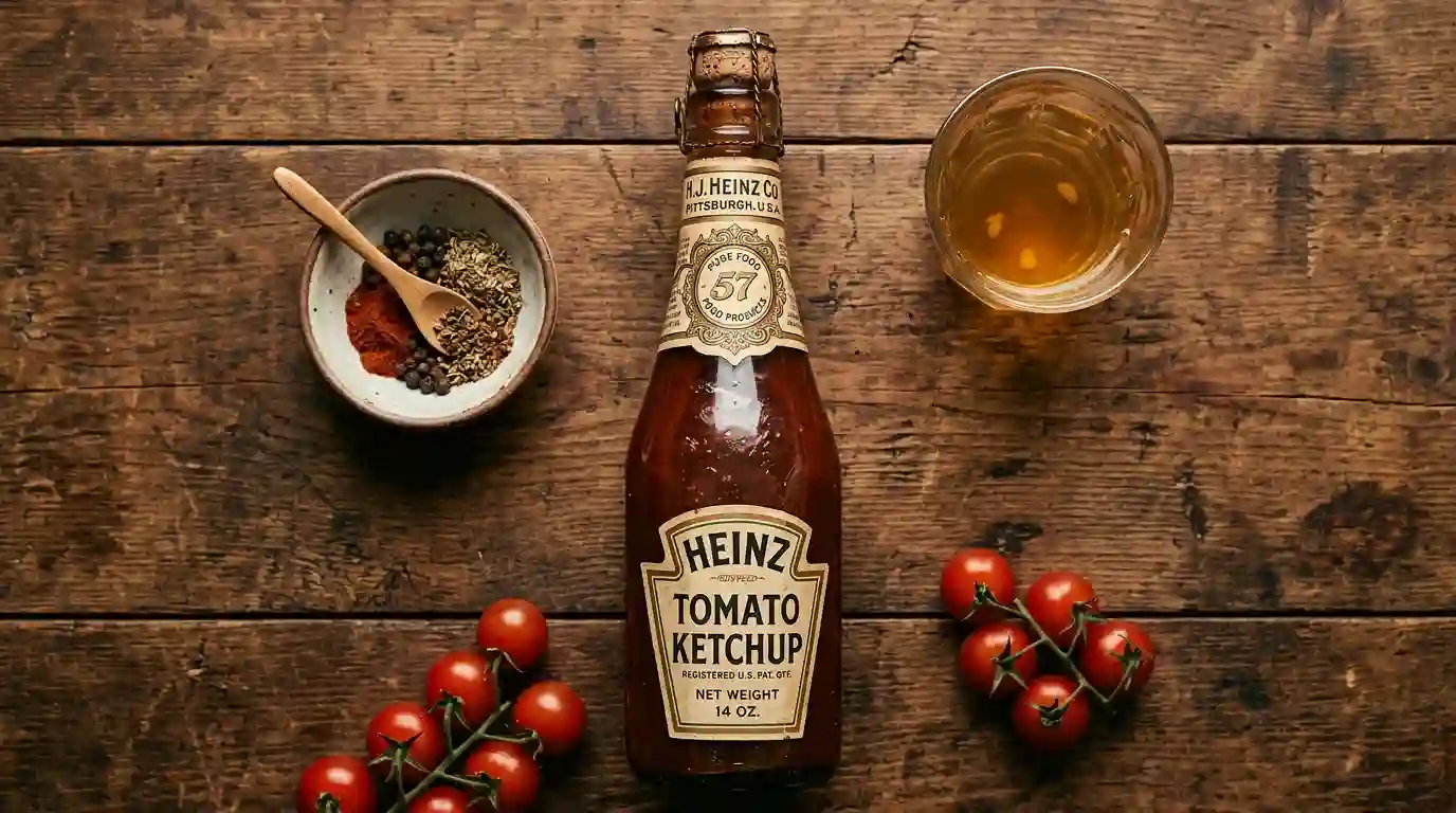 A close-up photograph of a vintage early 1900s glass Heinz Ketchup bottle on a rustic wooden table, highlighting the iconic label with the number 57.