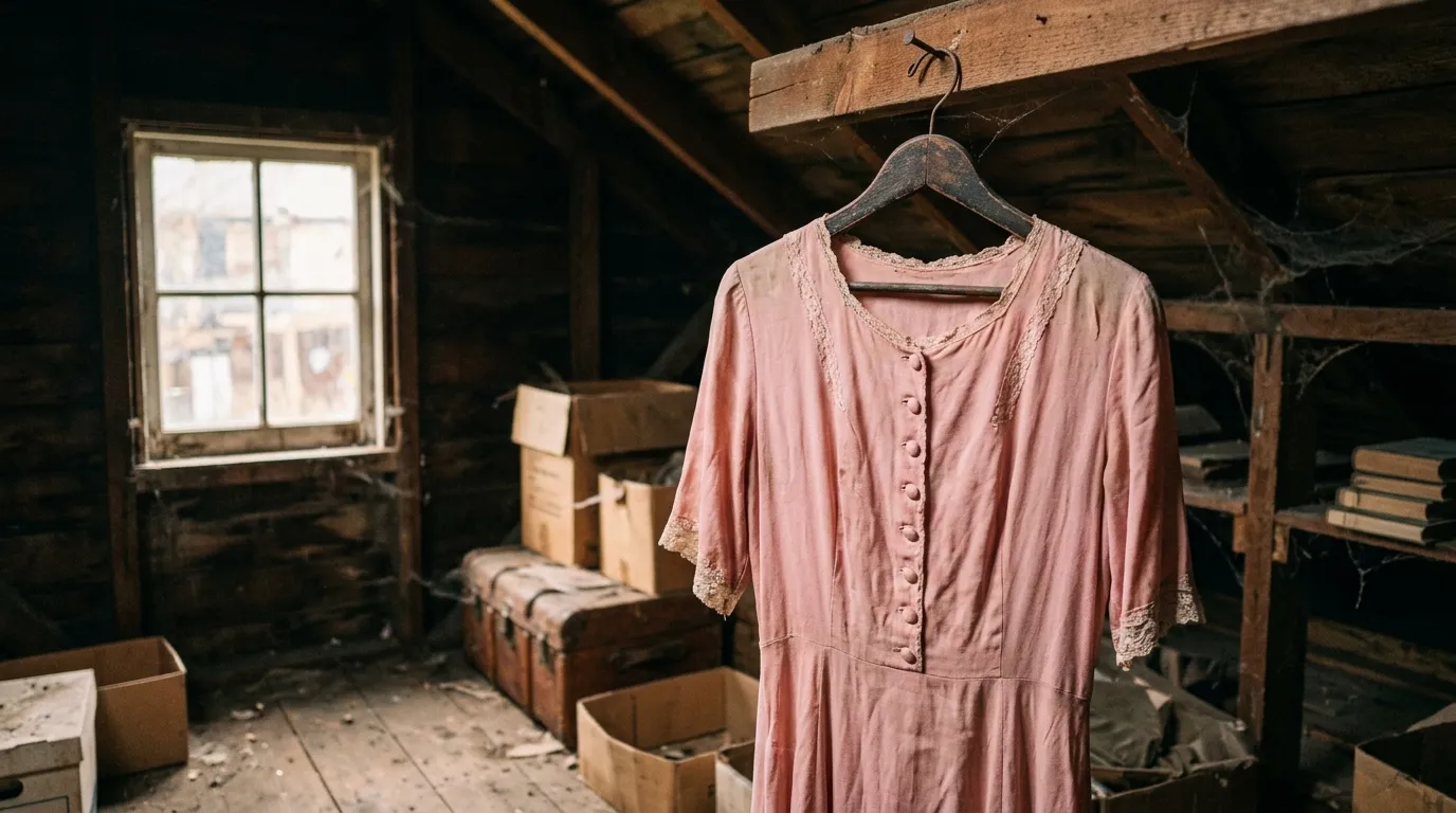 A vintage pink dress hanging in a dusty, sunlit attic