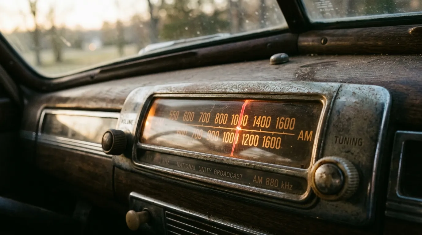 A glowing car radio dial in the morning light
