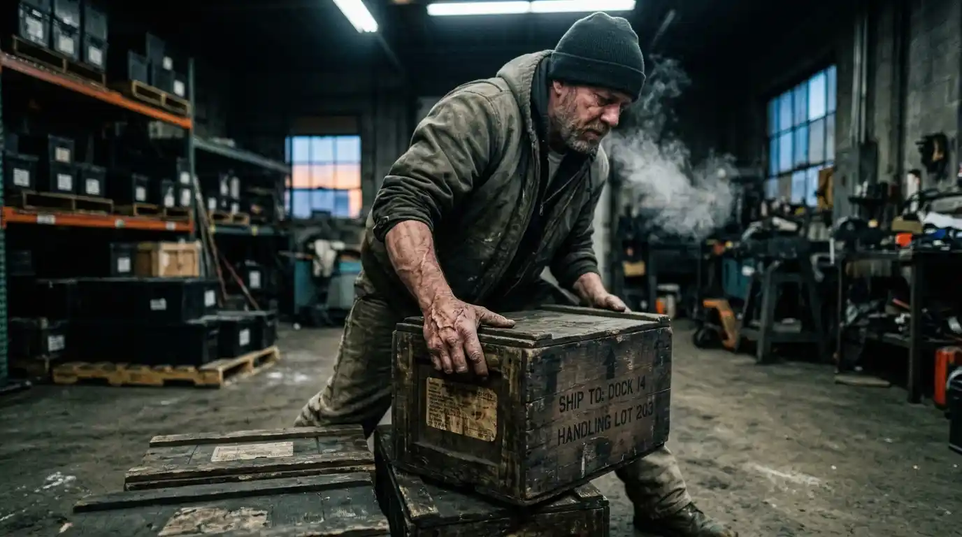 Tired warehouse worker lifting a heavy crate in a dimly lit garage