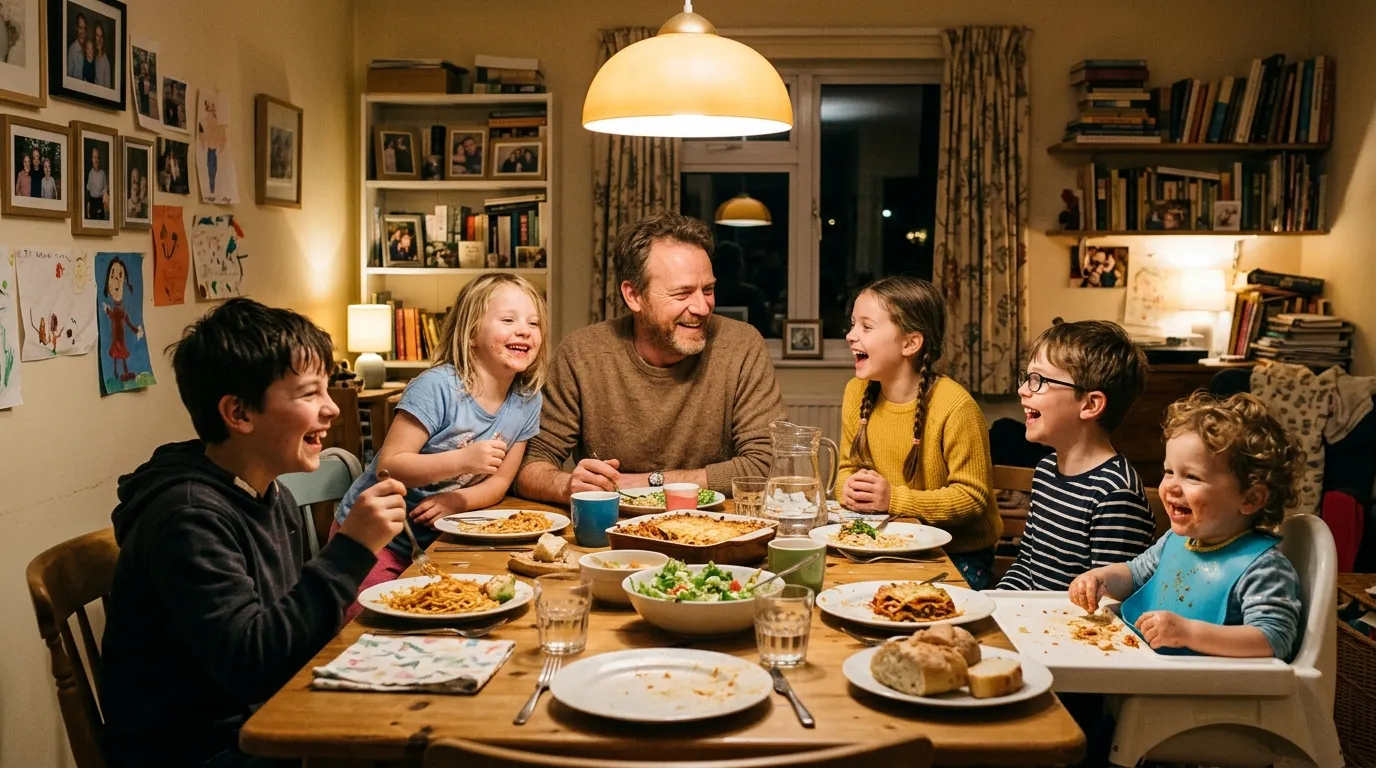 A father and five children laughing around a messy, warm dinner table.