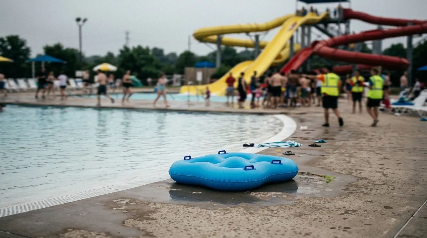 A blurred, frantic scene at a waterpark with a single abandoned bright blue waterpark raft near a splash pool.