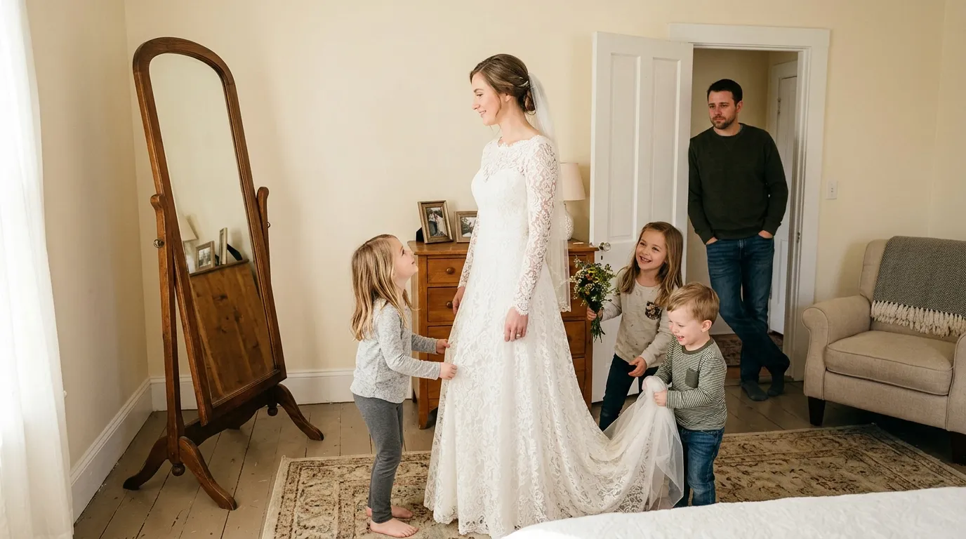 A bride in a white lace dress surrounded by happy children, while a man watches sadly from the doorway.