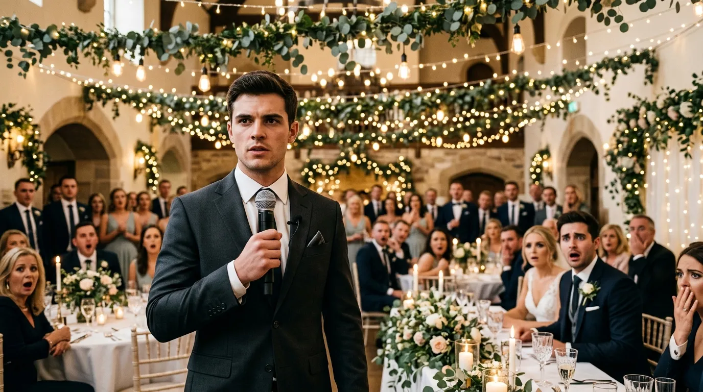 A young man at a wedding reception holding a microphone, looking determined.