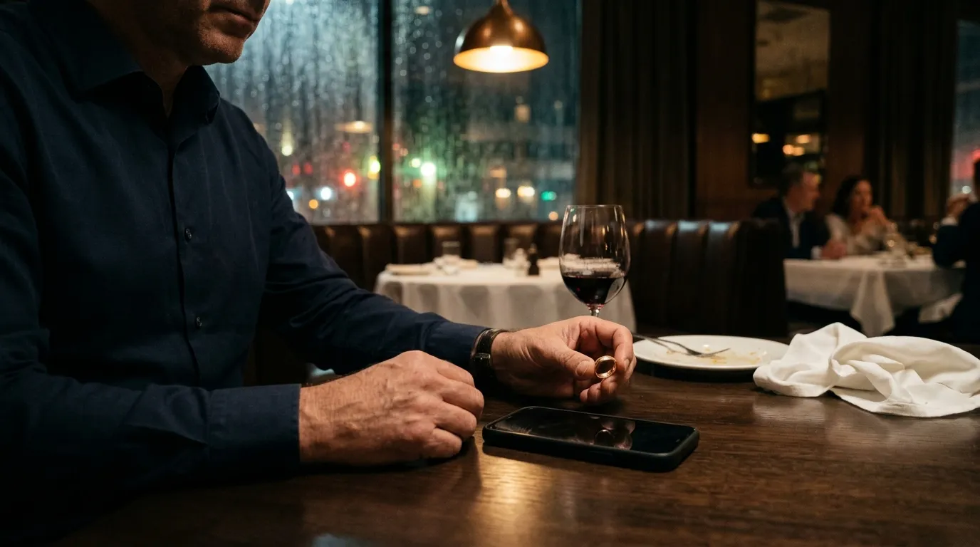 A gold wedding ring and a smartphone sitting on a restaurant table beside a rainy window
