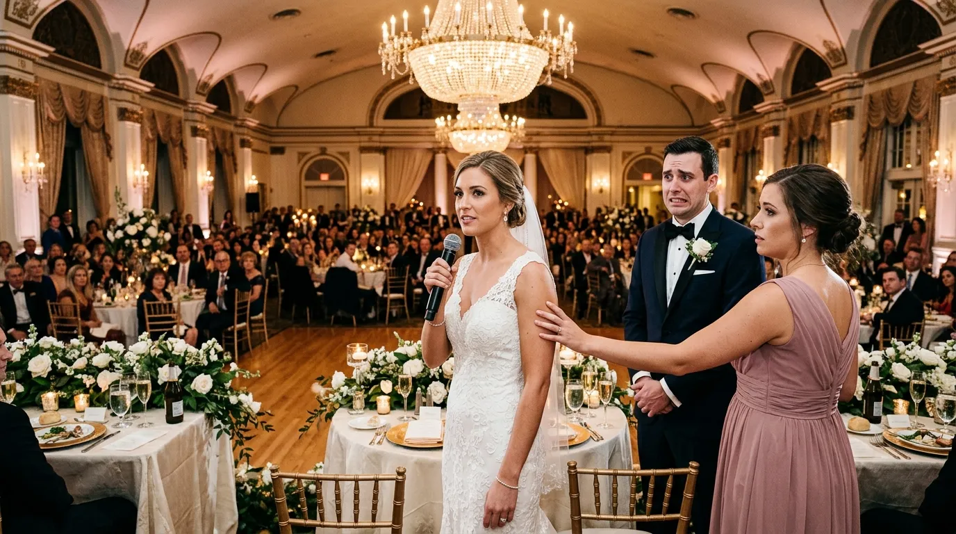 Bride speaking confidently into a microphone at a wedding reception