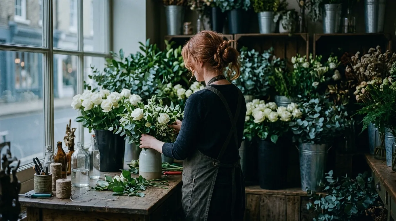 Florist arranging tall elegant centerpieces in a dimly lit wedding ballroom