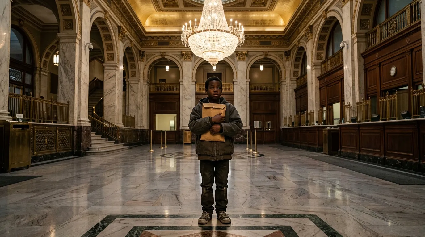 A ten-year-old boy in a worn jacket standing in a massive, opulent bank lobby clutching an envelope
