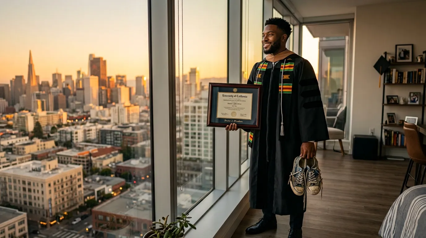 A young man in a graduation gown holding a diploma and a pair of worn-out childhood sneakers