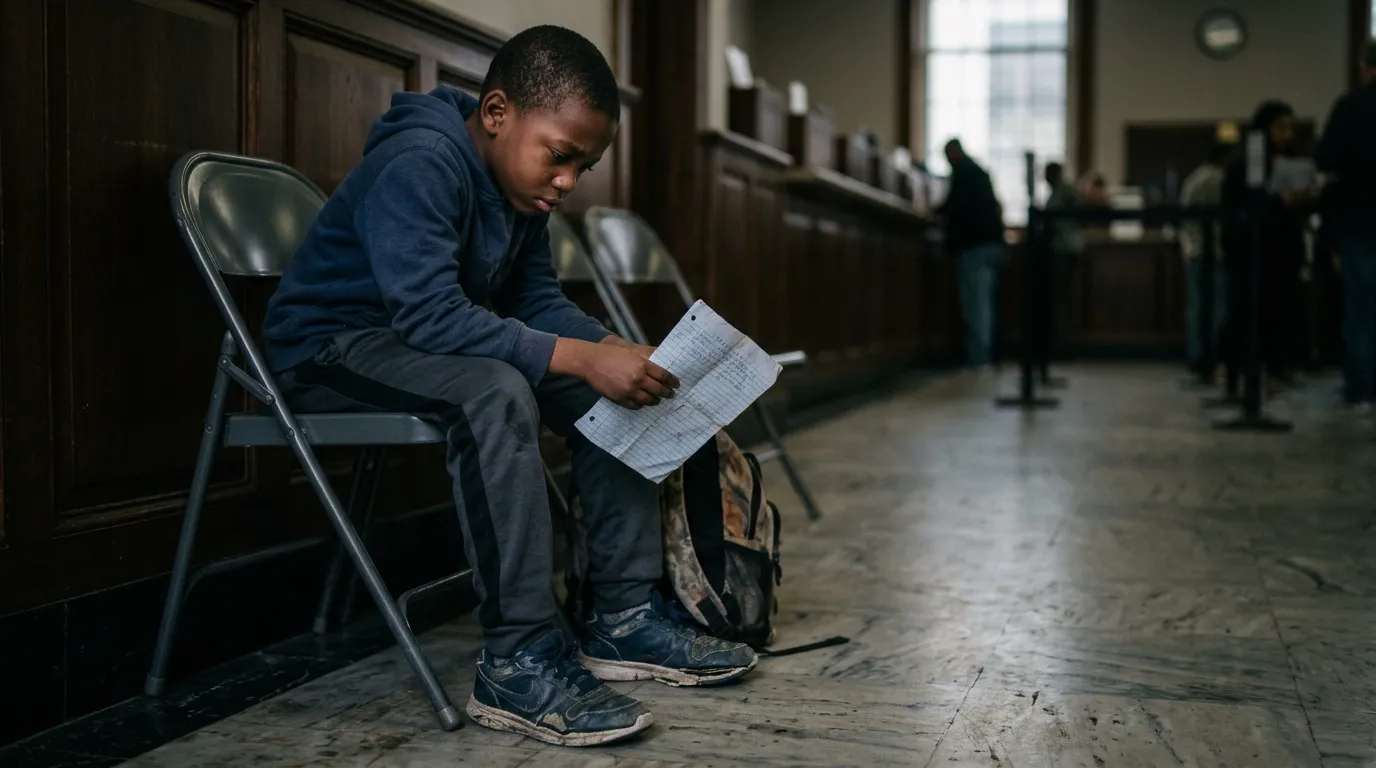 A boy sitting on a metal chair in a bank holding a handwritten letter and looking at his broken shoes
