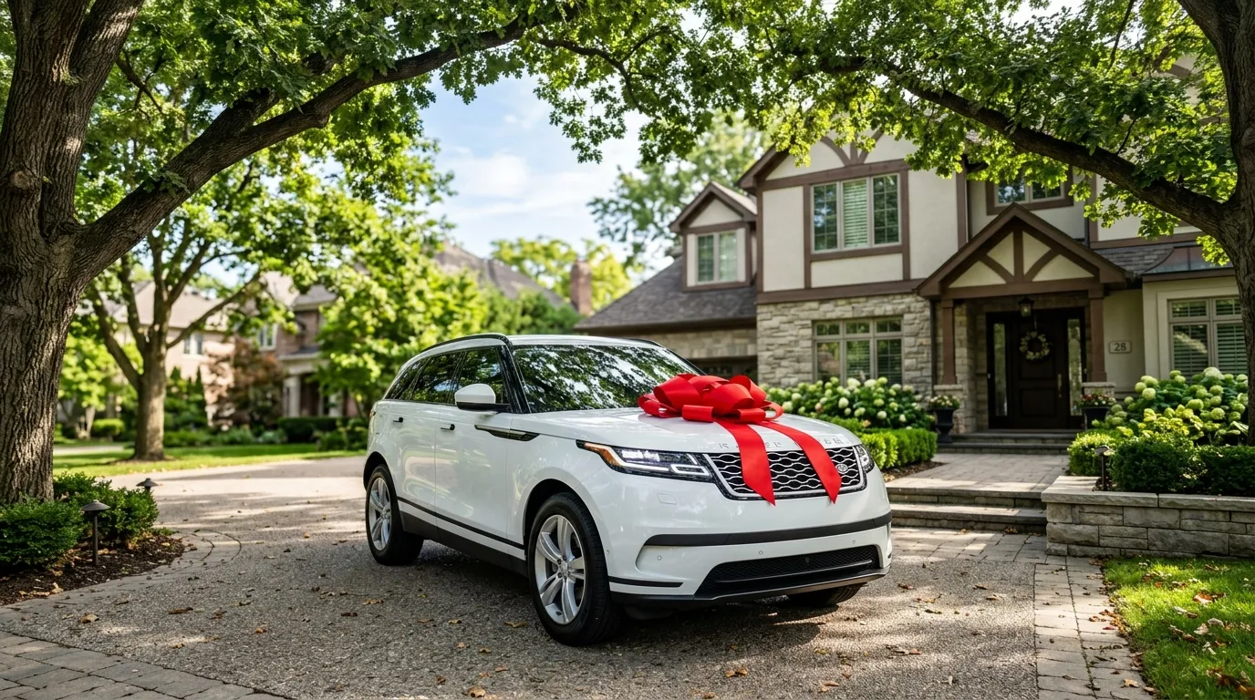 A shiny white SUV parked beneath large oak trees with a red gift ribbon on the hood