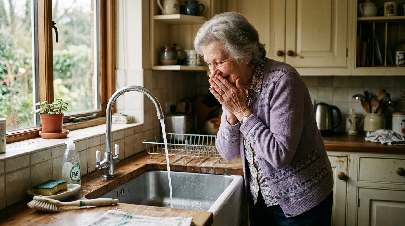 Elderly woman reacting with joy to running water in her kitchen